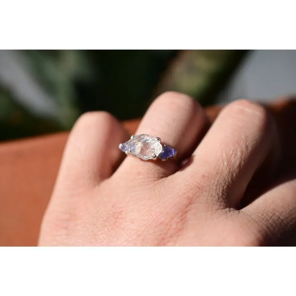 Raw stone ring Montana sapphire, herkimer diamond, aquamarine, emerald